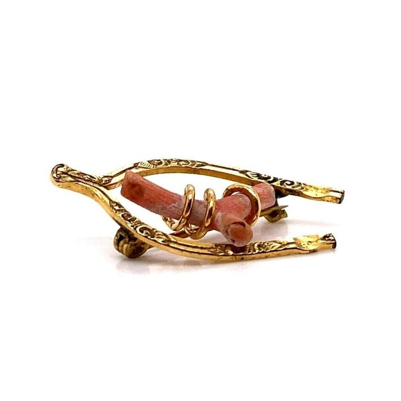 Antique Gold Plate & Natural Coral Wishbone Brooch Pin! 145 - Picture 4 of 5